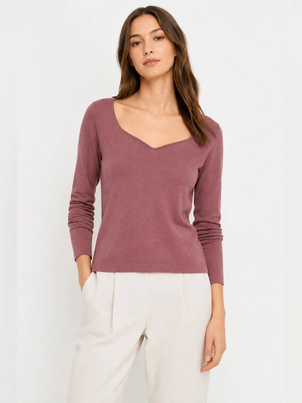 Vince Sweetheart Neck Knit Top Beet Root Wool Modal Blend Small Dusty Mauve